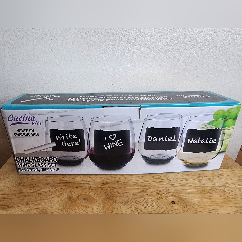 Cucina Vita Chalkboard Wine Glass Set, Set of 4 , 16 ounces